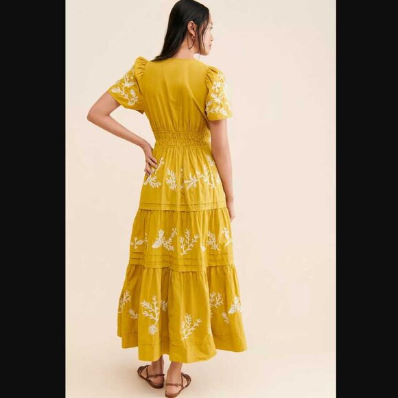 M By Anthropologie The Somerset printed maxi dress yellow embroidered flowers - Picture 3 of 11